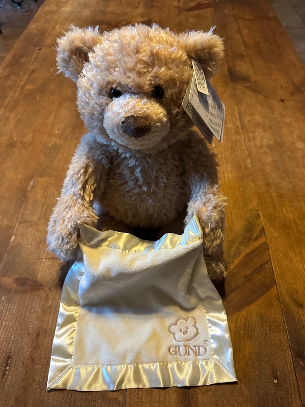 Gund Tan Plush Bear with Cream Satin-Edged Security Blanket (see video)